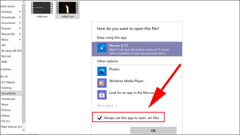 Nhấn chọn ô vuông để luôn mở video dạng AVI ở ứng dụng này